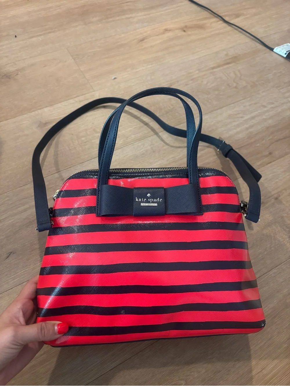 kate spade Red and Navy Striped Dome Satchel with Bow Accent